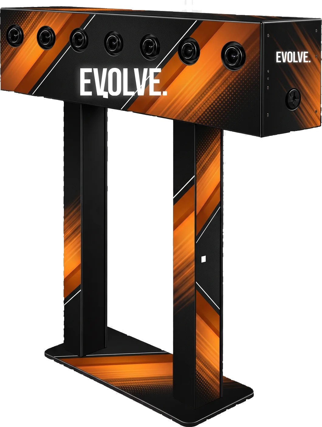 Array multi-camera gantry with seven camera lenses across the top beam, shown in a Evolve custom wrap