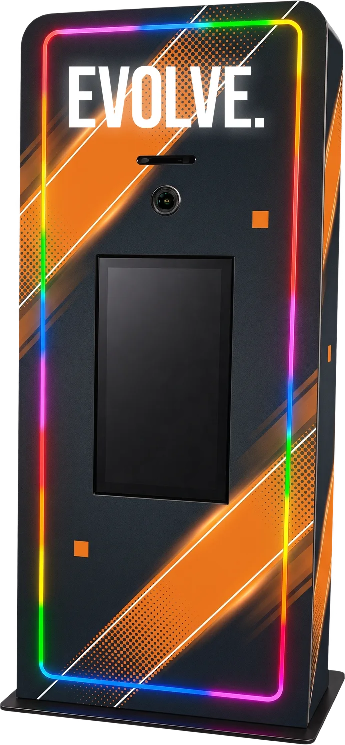 Elevated Kiosk with LED edge lighting, large touch screen, and integrated printer, shown in a Evolve custom wrap