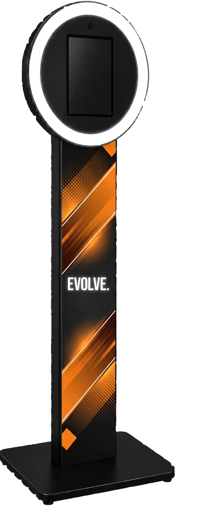 Selfie Station kiosk with halo ring light, shown in a Evolve custom wrap