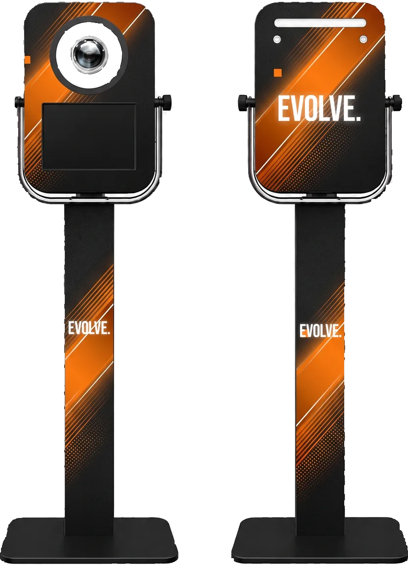PRO booth, front and back, with adjustable tilting head unit, shown in a Evolve custom wrap