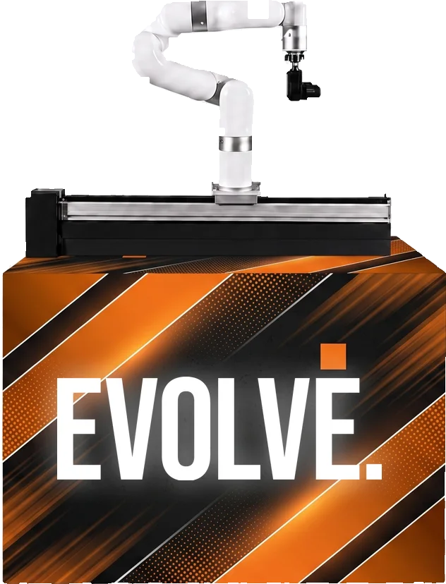 Robotic camera arm mounted on a rail atop a branded base cabinet, shown in a Evolve custom wrap
